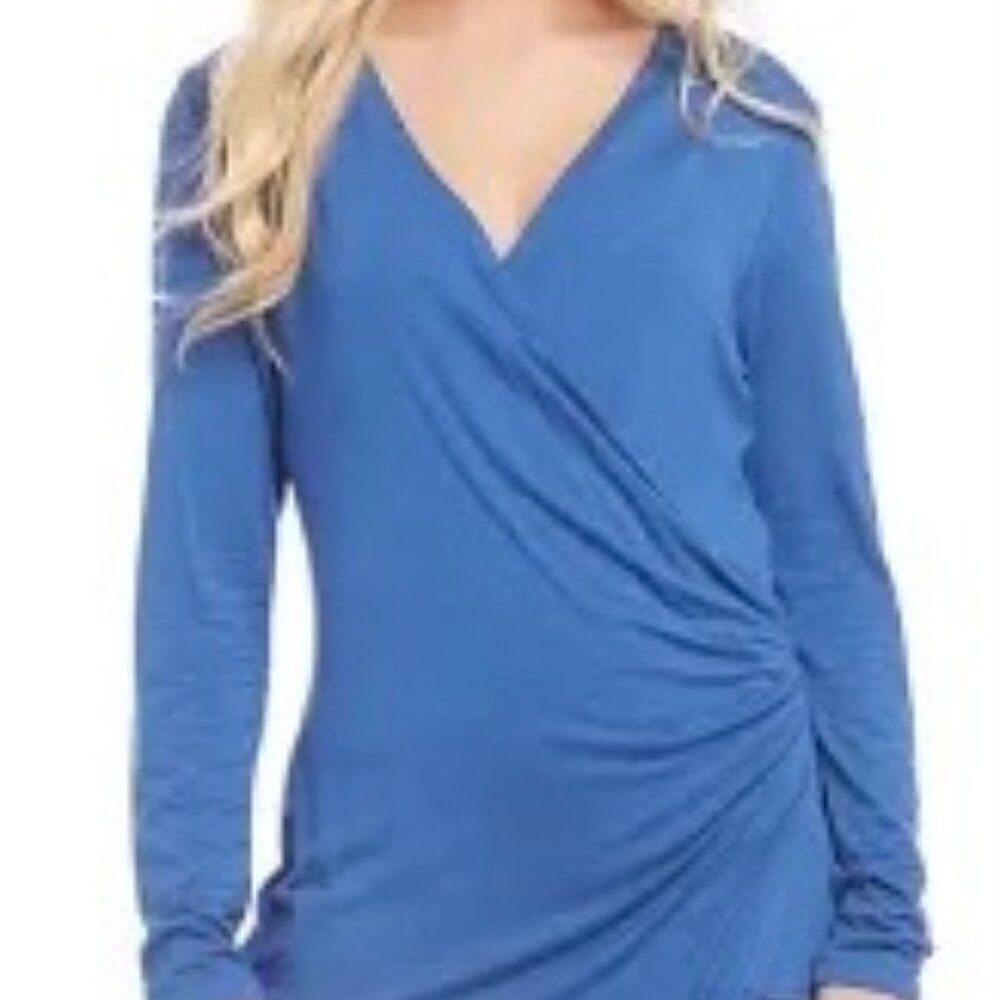 Karen Kane Blue Slinky Faux wrap V-neck top, size M